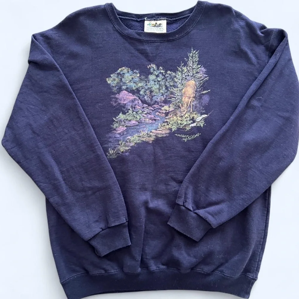 90s Northern Reflections Dark Blue Wildlife Deer Print Cottagecore Sweater Large - Picture 2 of 8